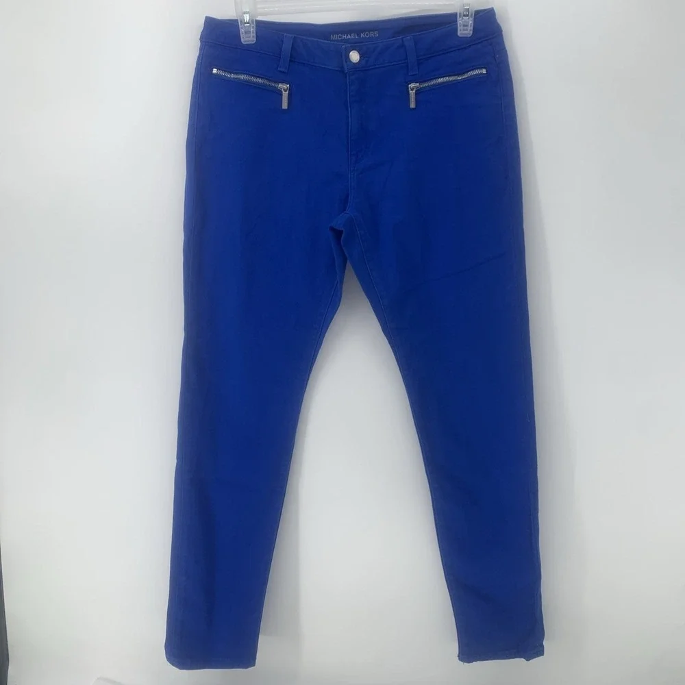 Michael Kors Women's Blue Chino Pants  Silver Zipper Pocket Skinny  Size 12